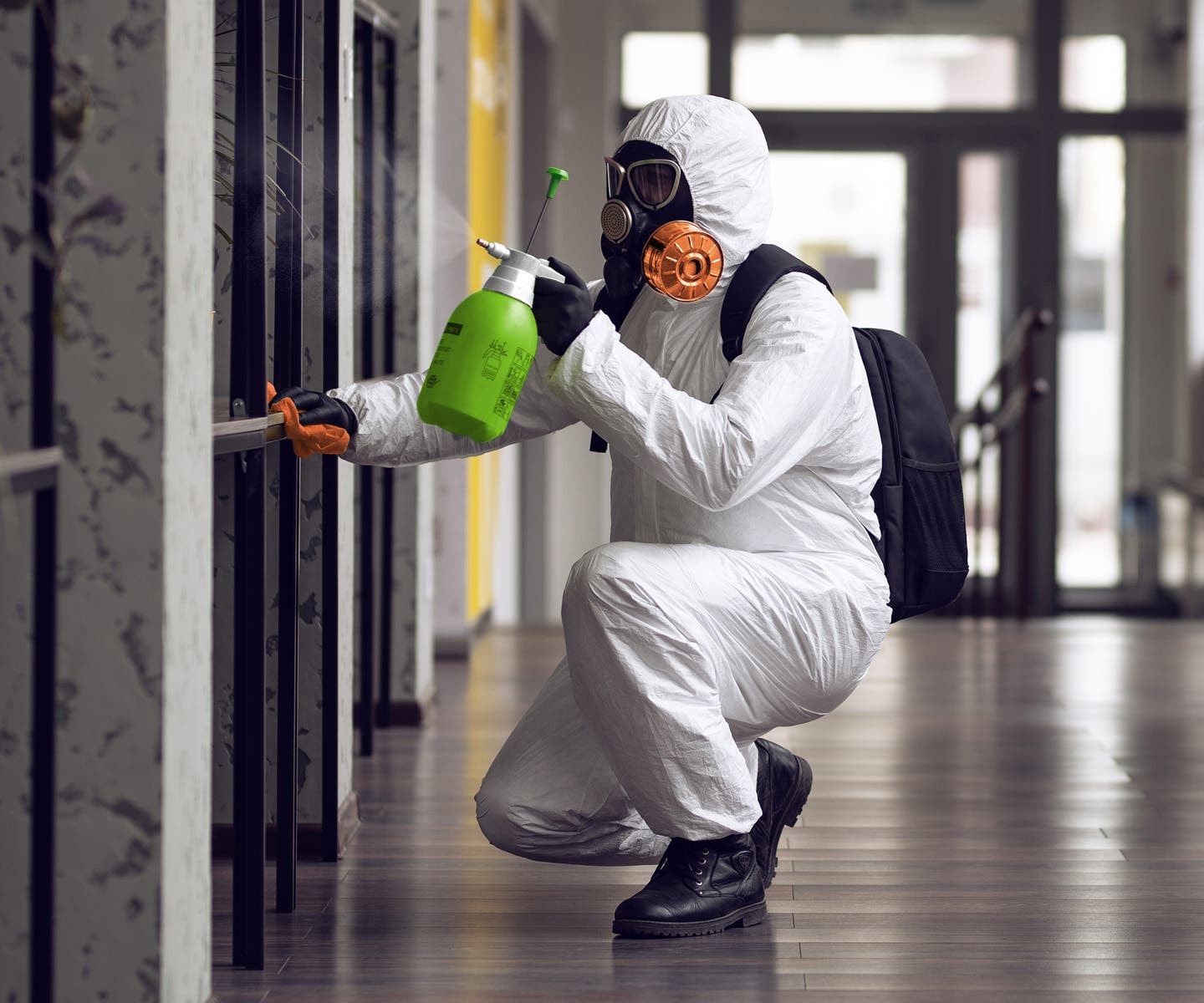 Technician spraying treatment along a commercial hallway wall