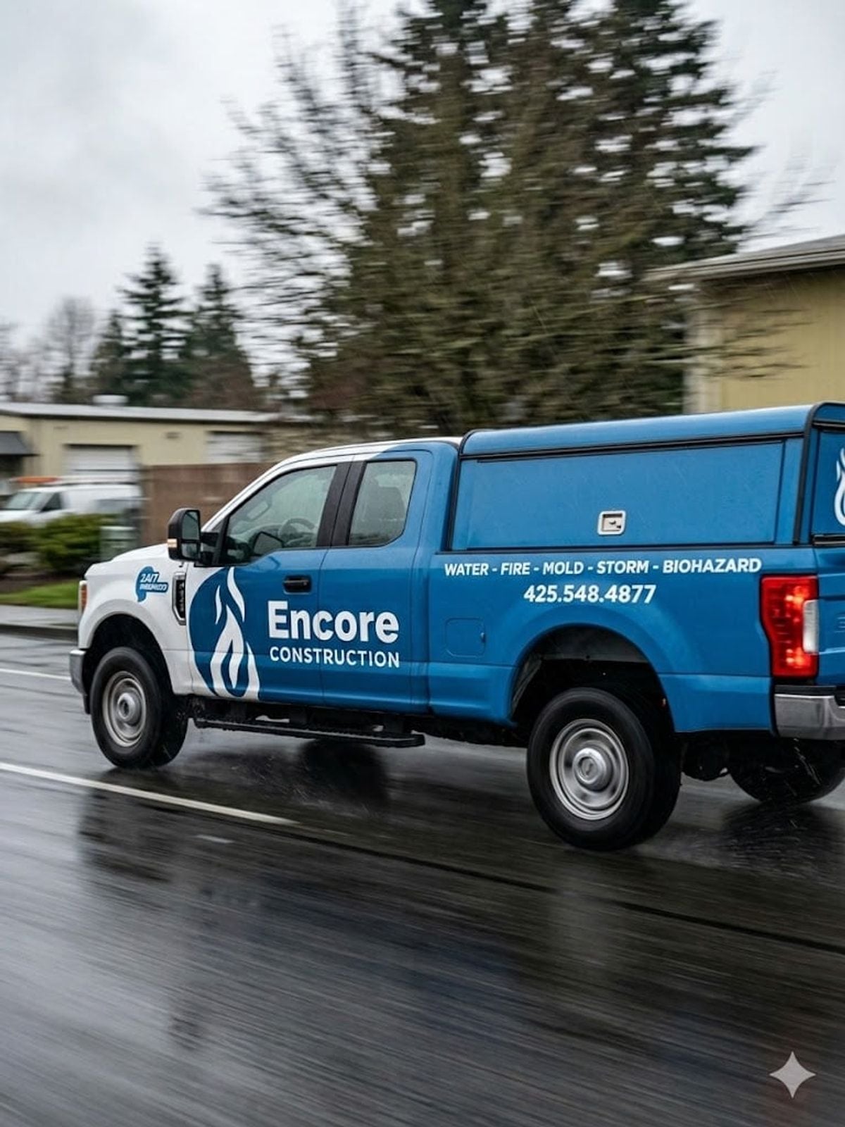 Encore Construction response van arriving for fire restoration work