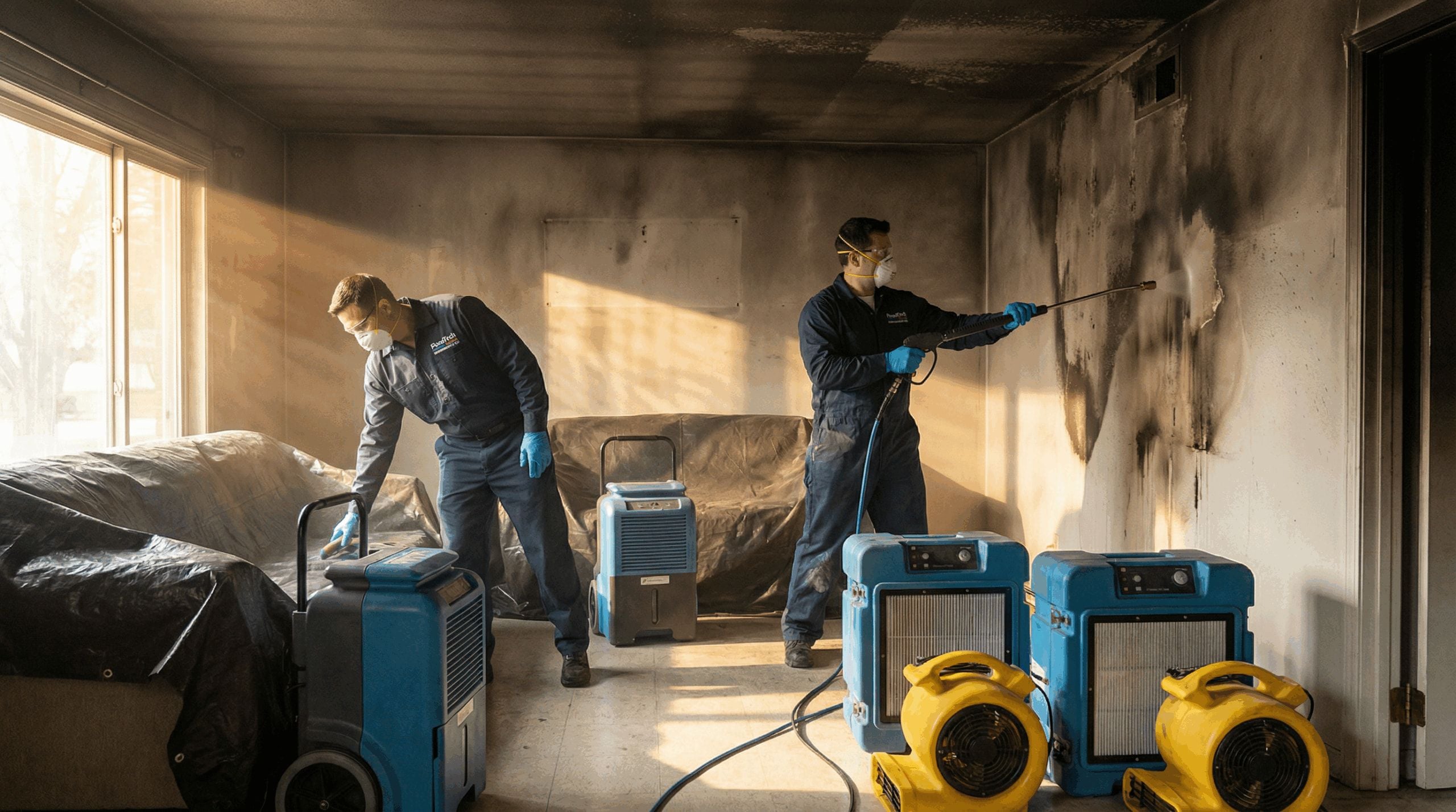 Technicians operating air scrubbers in a smoke-damaged room
