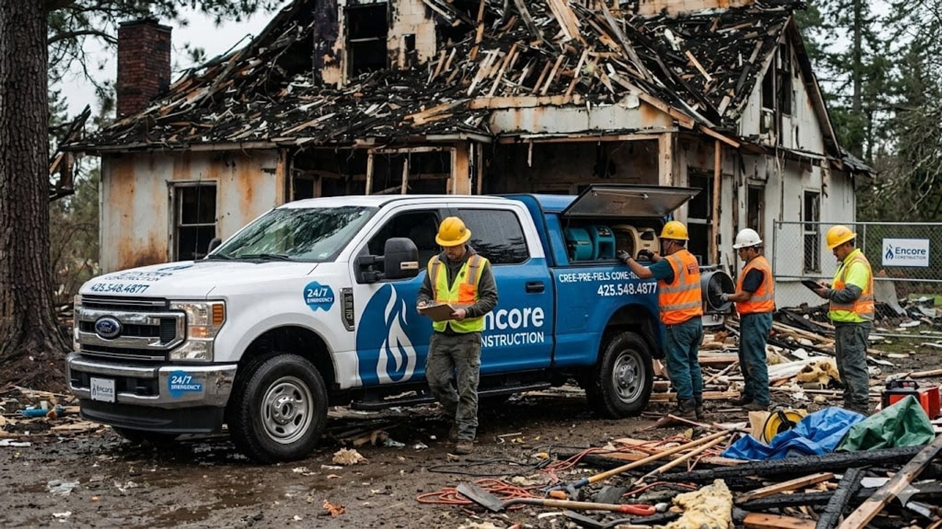 Encore Construction crew beside a response truck at a fire-damaged home