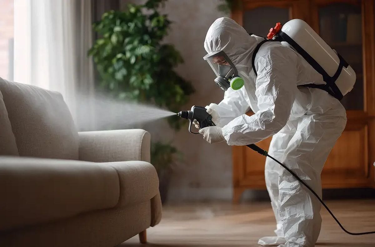 Protective-suited technician applying odor treatment to upholstered furniture