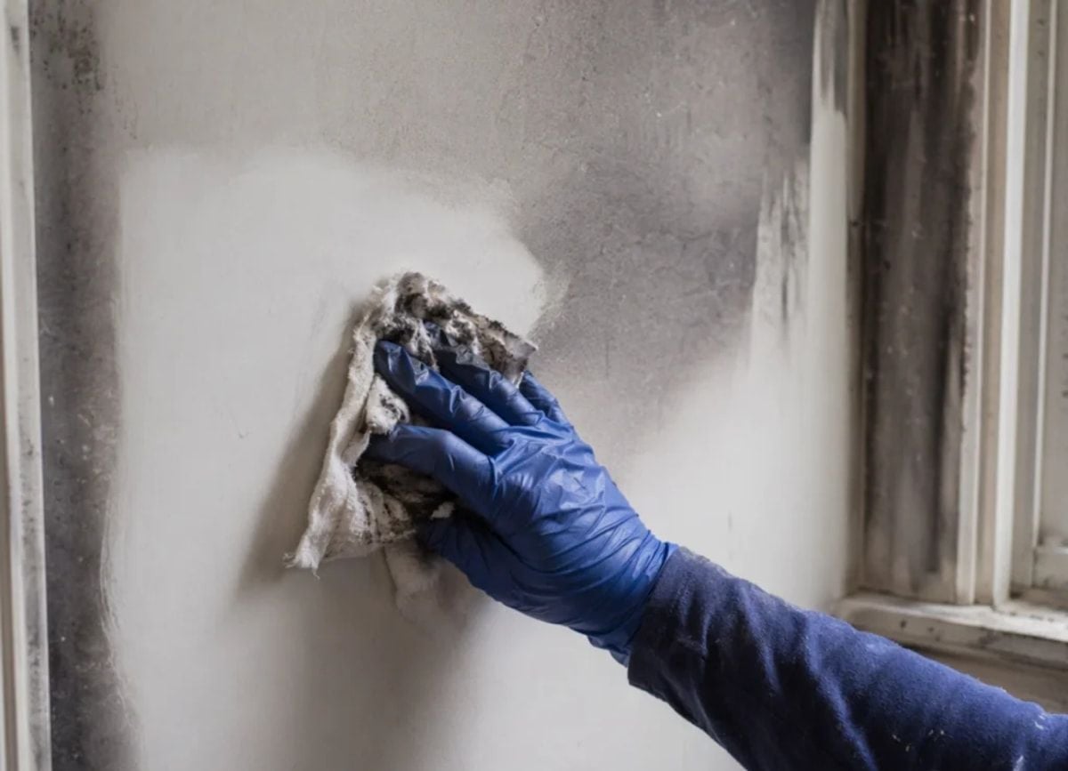 Gloved hand wiping black soot from an interior wall