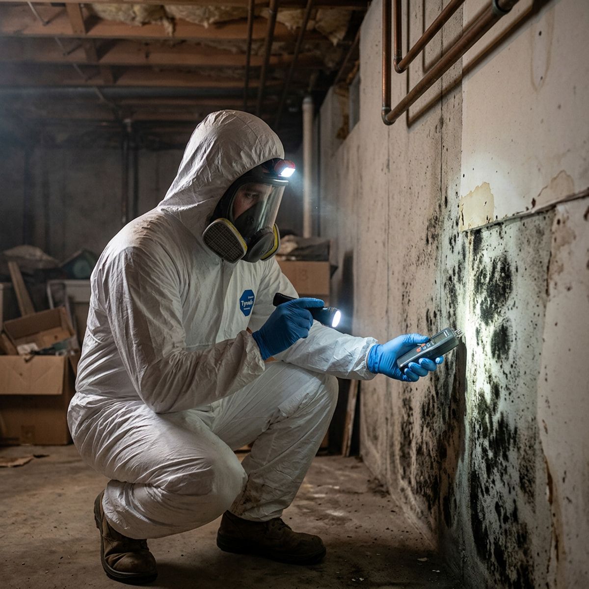 Protective-suited specialist inspecting mold on a basement wall