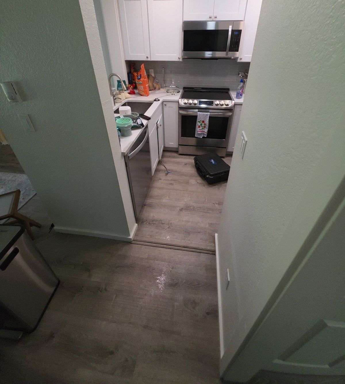 Initial overview of the affected Renton apartment kitchen