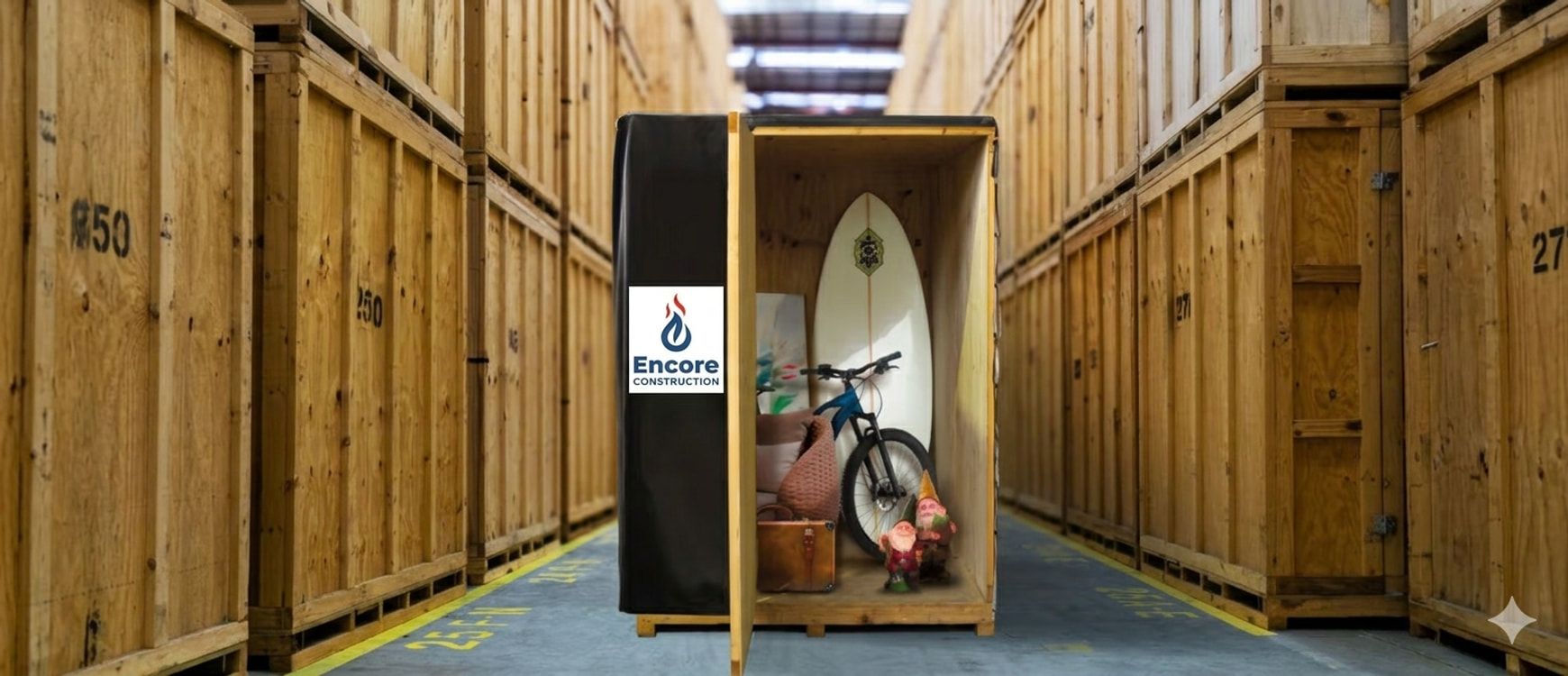Open storage vault holding packed belongings in a secure warehouse