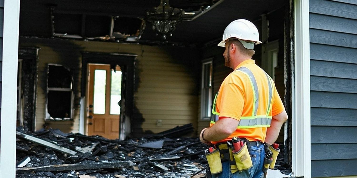 Contractor assessing the interior of a fire-damaged house
