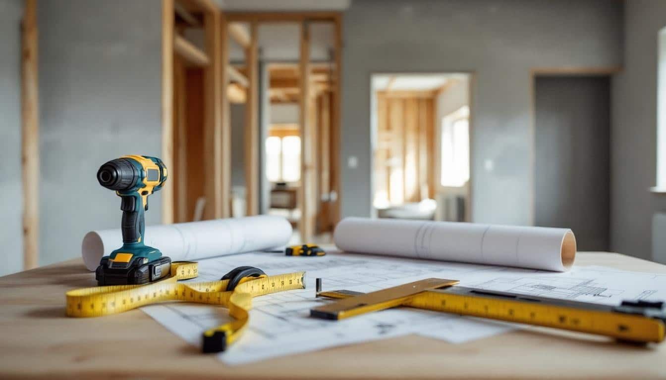 Power tools, plans, and measuring tape inside a reconstructed home