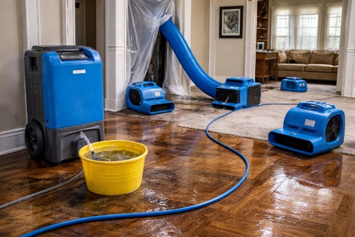 Blue water extraction and drying equipment operating on a wood floor