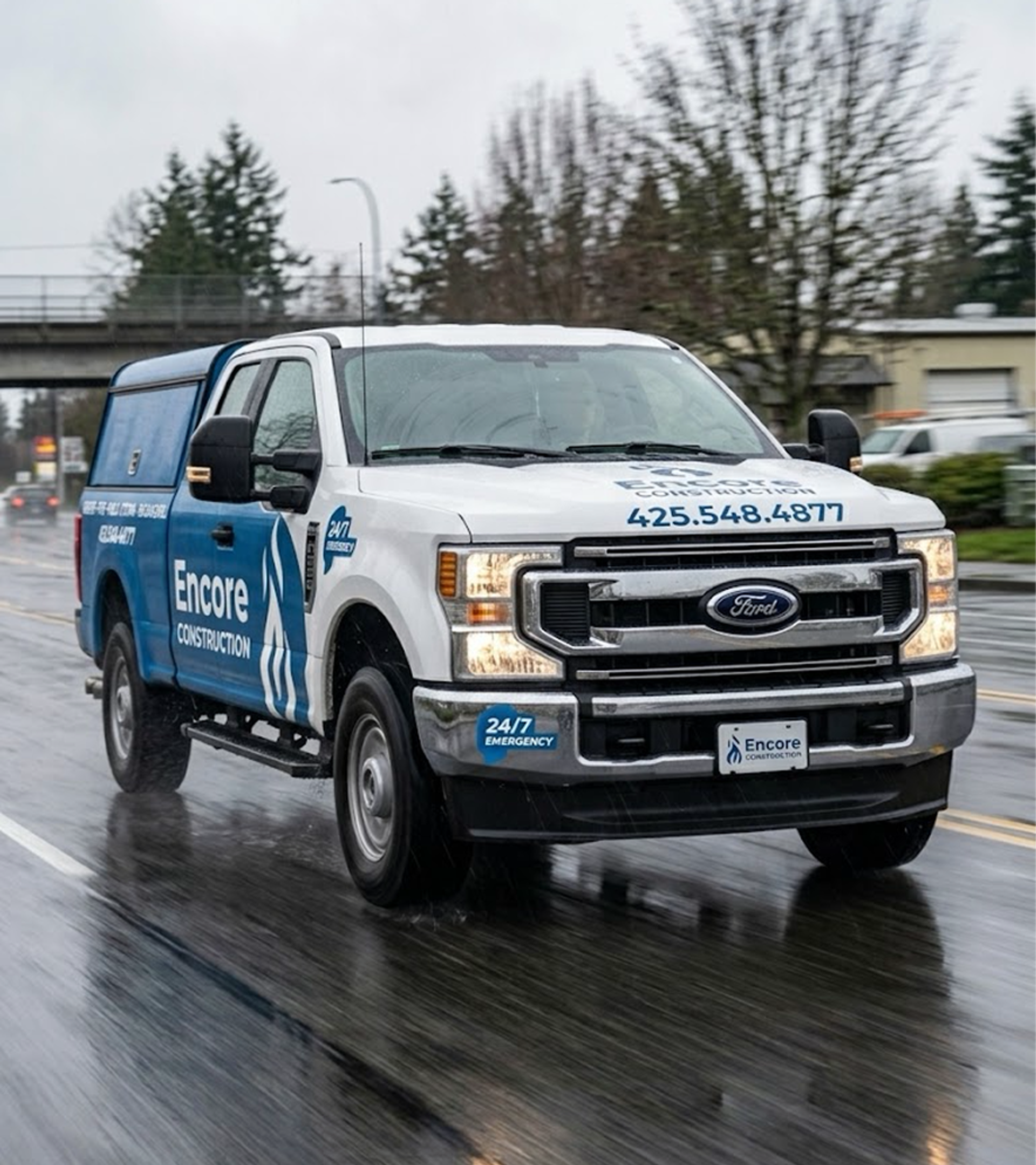 Encore Construction response vehicle and water restoration equipment